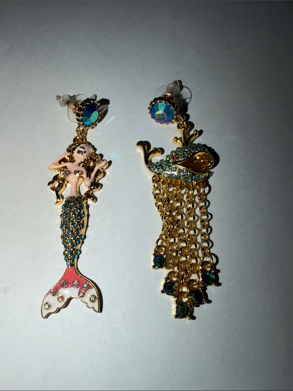 Gold-Tone Mermaid and Peacock Drop Earrings with Aqua Crystals